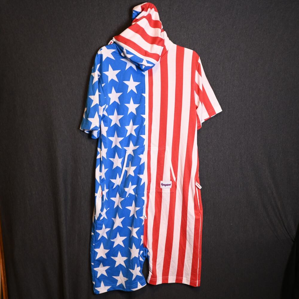TipsyElves Men's L Hooded Jumpsuit Stars and Stripes Flag Short Sleeve